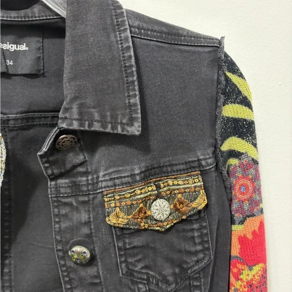 Desigual Claudia Patchwork Denim Jacket | Embroidered Boho Floral Size 34 XS - Picture 6 of 16